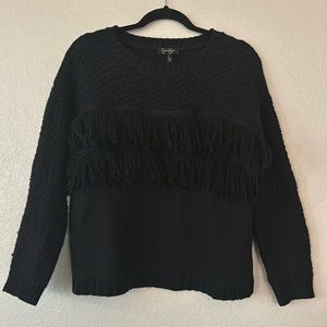 Jessica Simpson Fringe Knit Patterned Sleeve Black Sweater Small